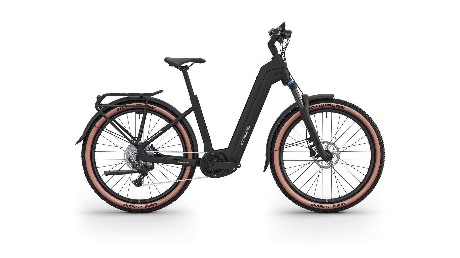 CONWAY Elektro-SUV "Cairon C 1.0 800" (#1), Wave, - 27", black / gold, 9-Gang SHIMANO "Cues", 49 cm / - L    Das Fahrrad besteht aus einem